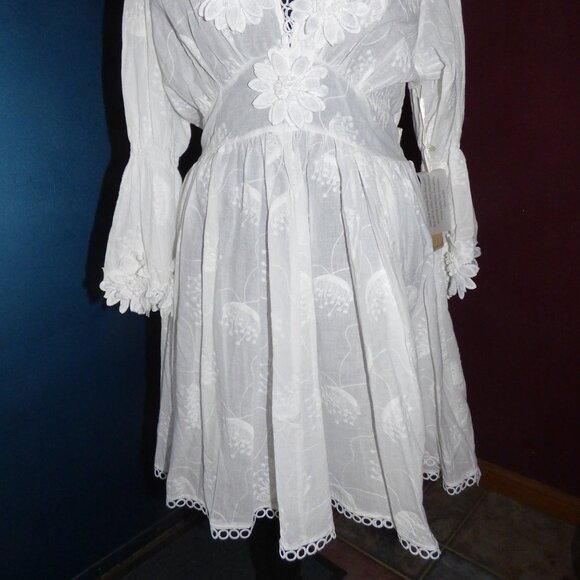 GOTH BOHO HIPPY WEDDING WHITE FLORAL WOVED LONG SLEEVED MINI SKATER DRESS XL - Picture 2 of 16